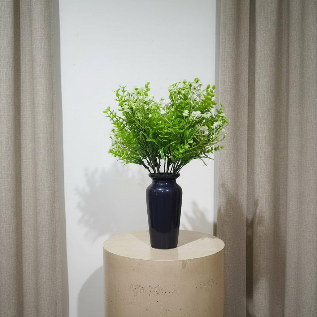 Black Classic Ceramic Vase with 2 Bunches of Plastic Gypsophila Flowers
