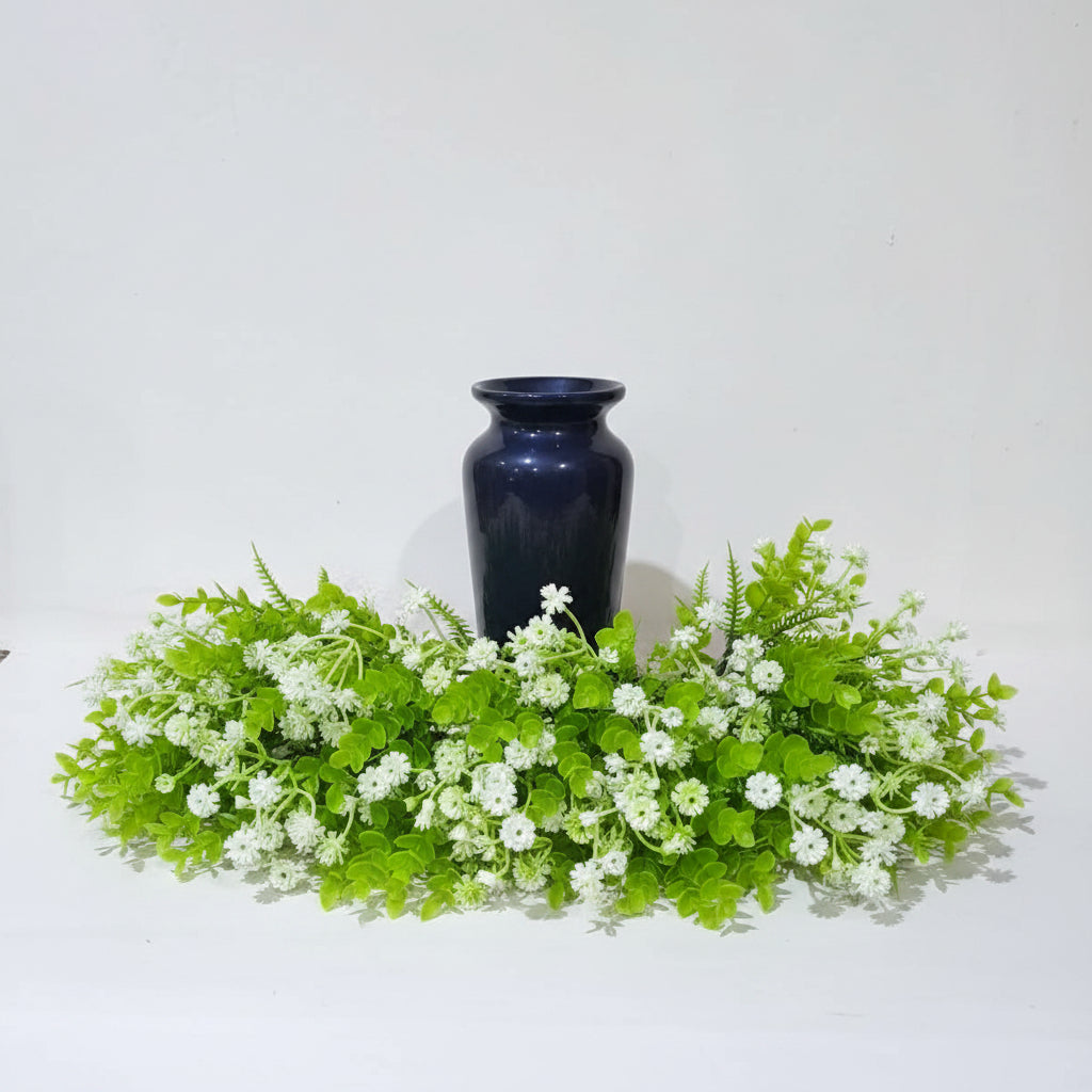 Black Classic Ceramic Vase with 2 Bunches of Plastic Gypsophila Flowers