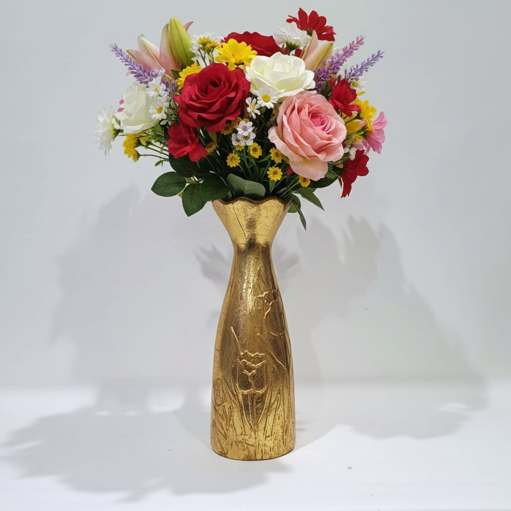 Golden Resin Bottle Shape Vase with Embossed Floral Pattern