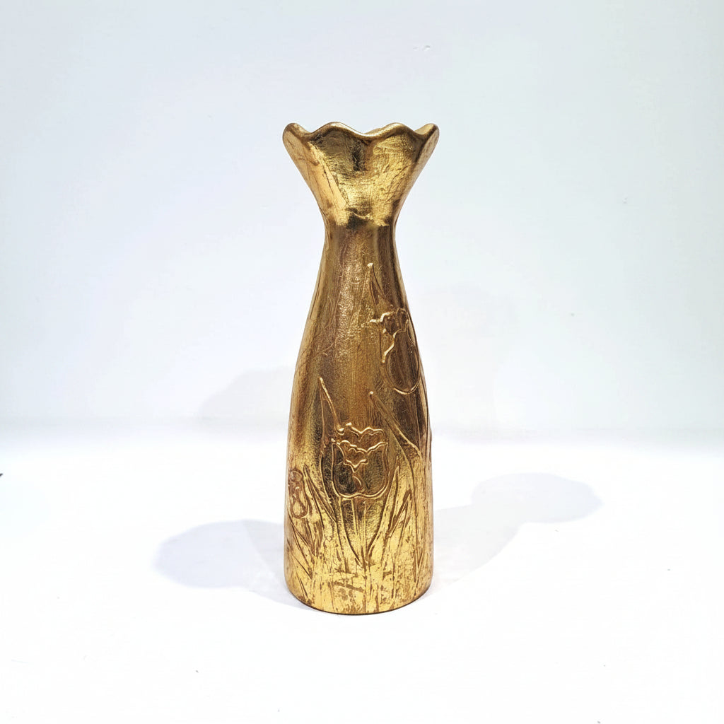 Golden Resin Bottle Shape Vase with Embossed Floral Pattern