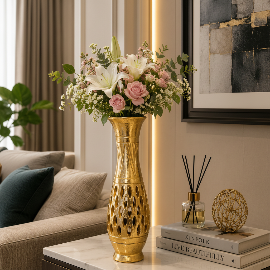 Golden Resin Bottle Shape Vase with Eyelet / Slotted Pattern Cutouts