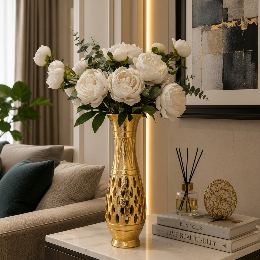 Golden Resin Bottle Shape Vase with Eyelet / Slotted Pattern Cutouts