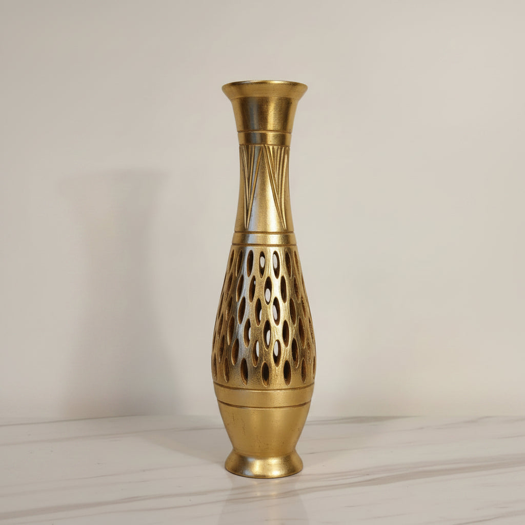 Golden Resin Bottle Shape Vase with Eyelet / Slotted Pattern Cutouts