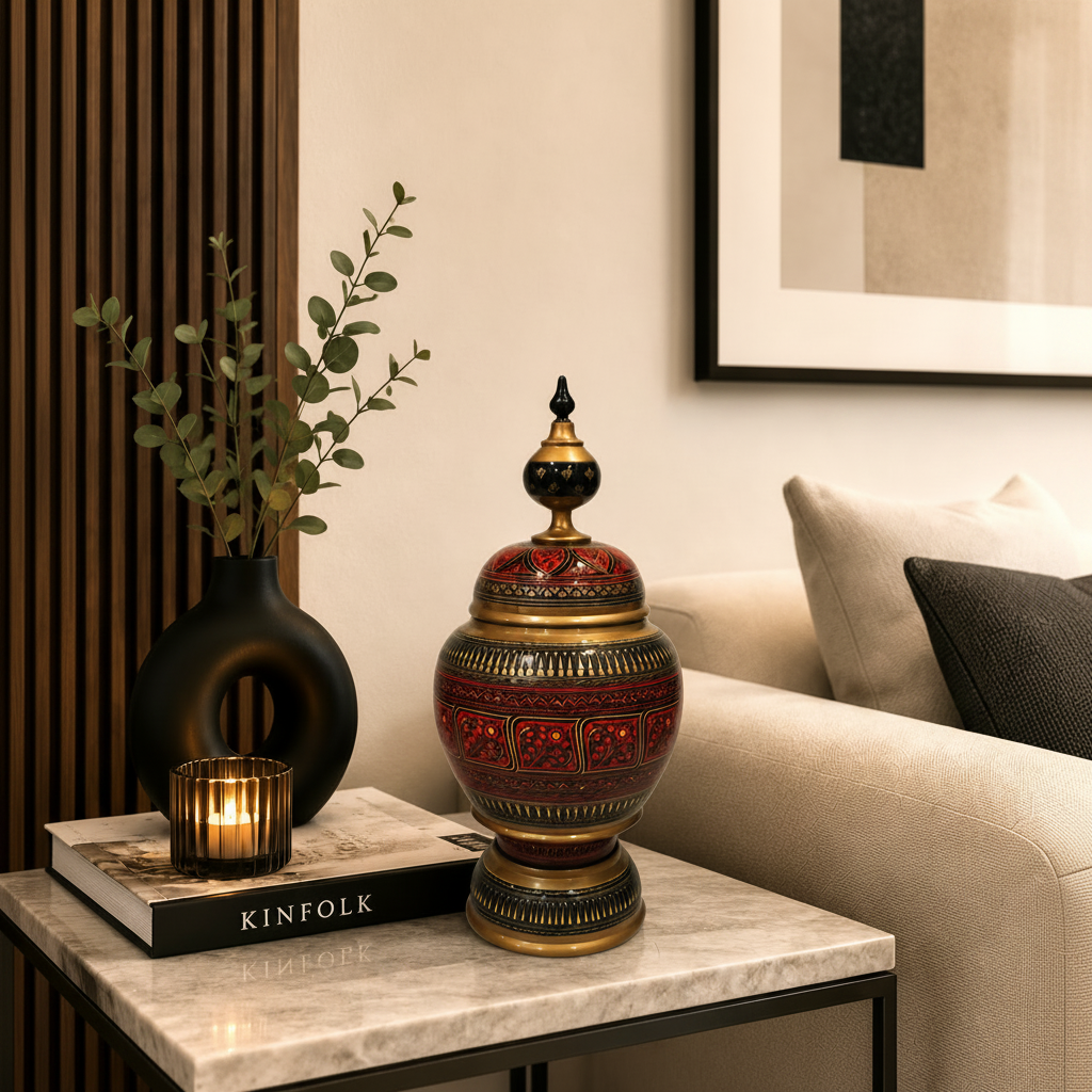 Red-Black Wooden Hand Crafted Naqshi Candy Jar (Large)