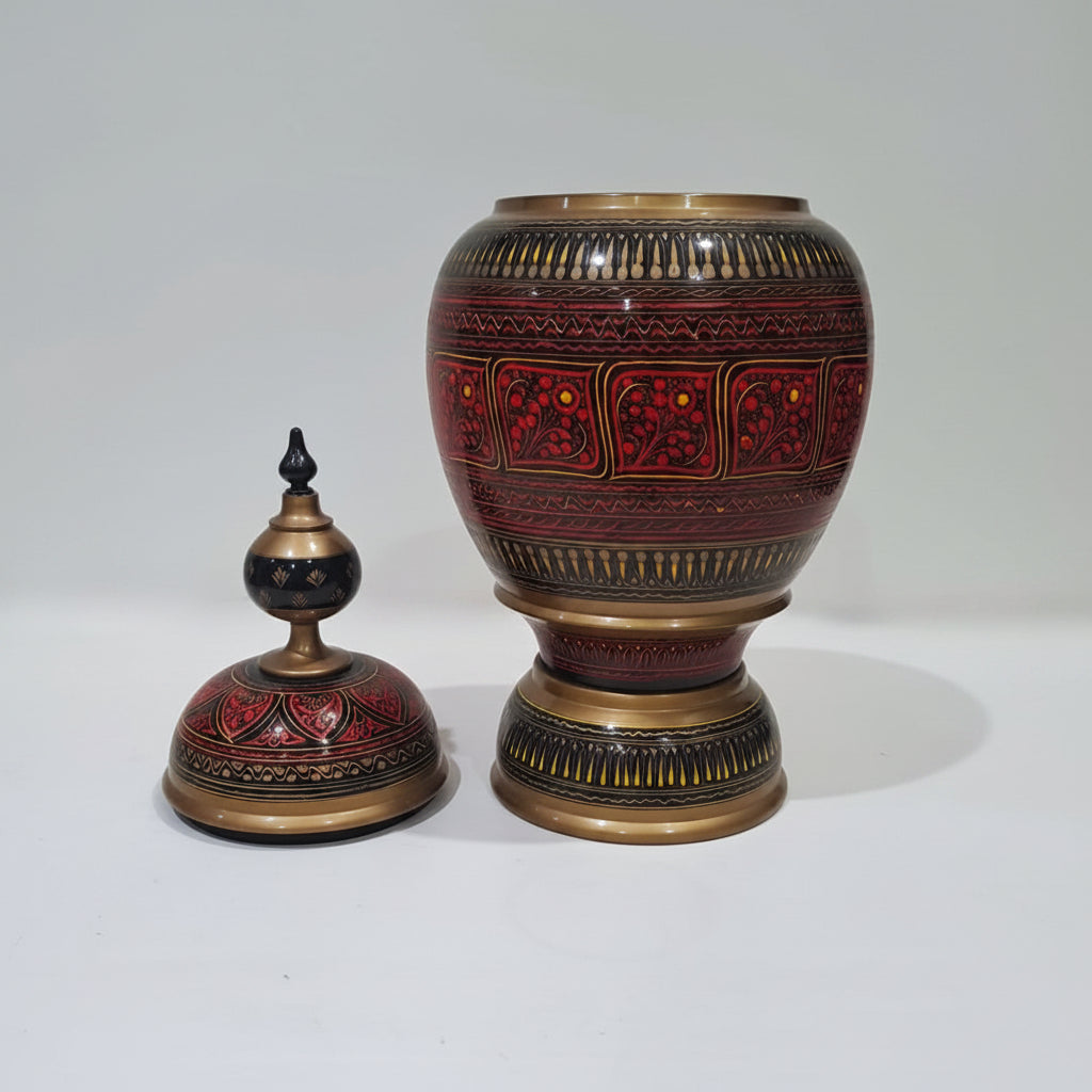 Red-Black Wooden Hand Crafted Naqshi Candy Jar (Large)