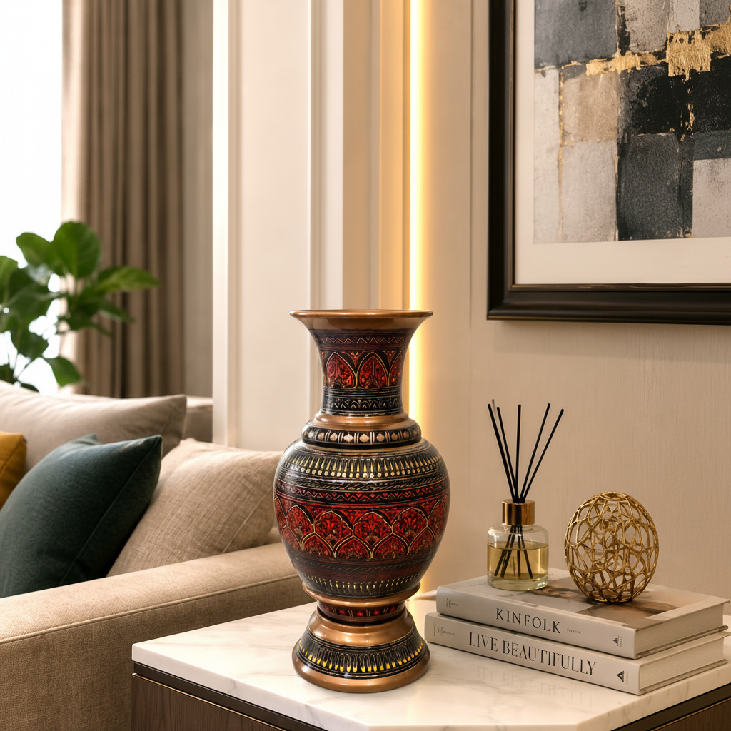 Red-Black Wooden Hand Crafted Naqshi Vase (Large)