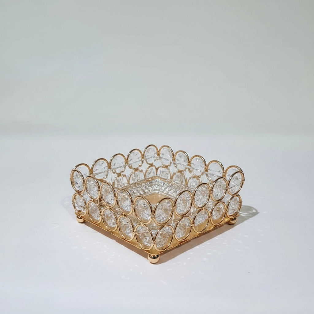 Glass Ashtray in a Golden Metallic Crystal Beaded Stand