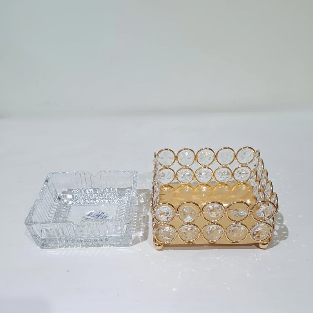 Glass Ashtray in a Golden Metallic Crystal Beaded Stand