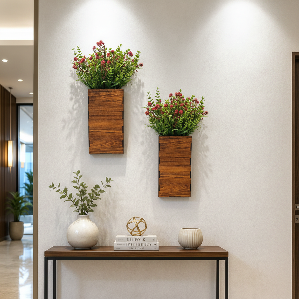 2 Pcs Set of Wooden wall Planters with artificial Plants
