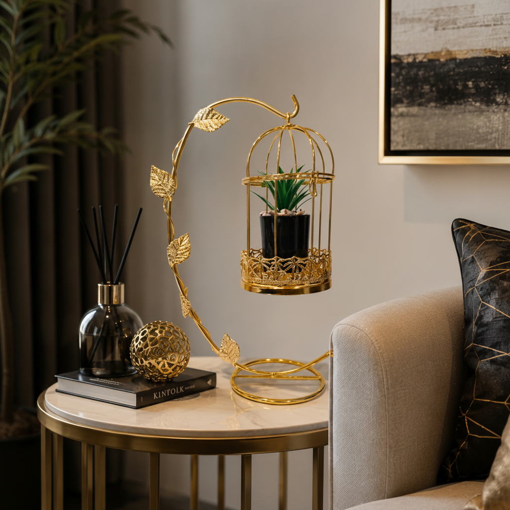 Golden Metallic Cage with Plant Pot inside, hanged on Golden Arc Shaped Stand