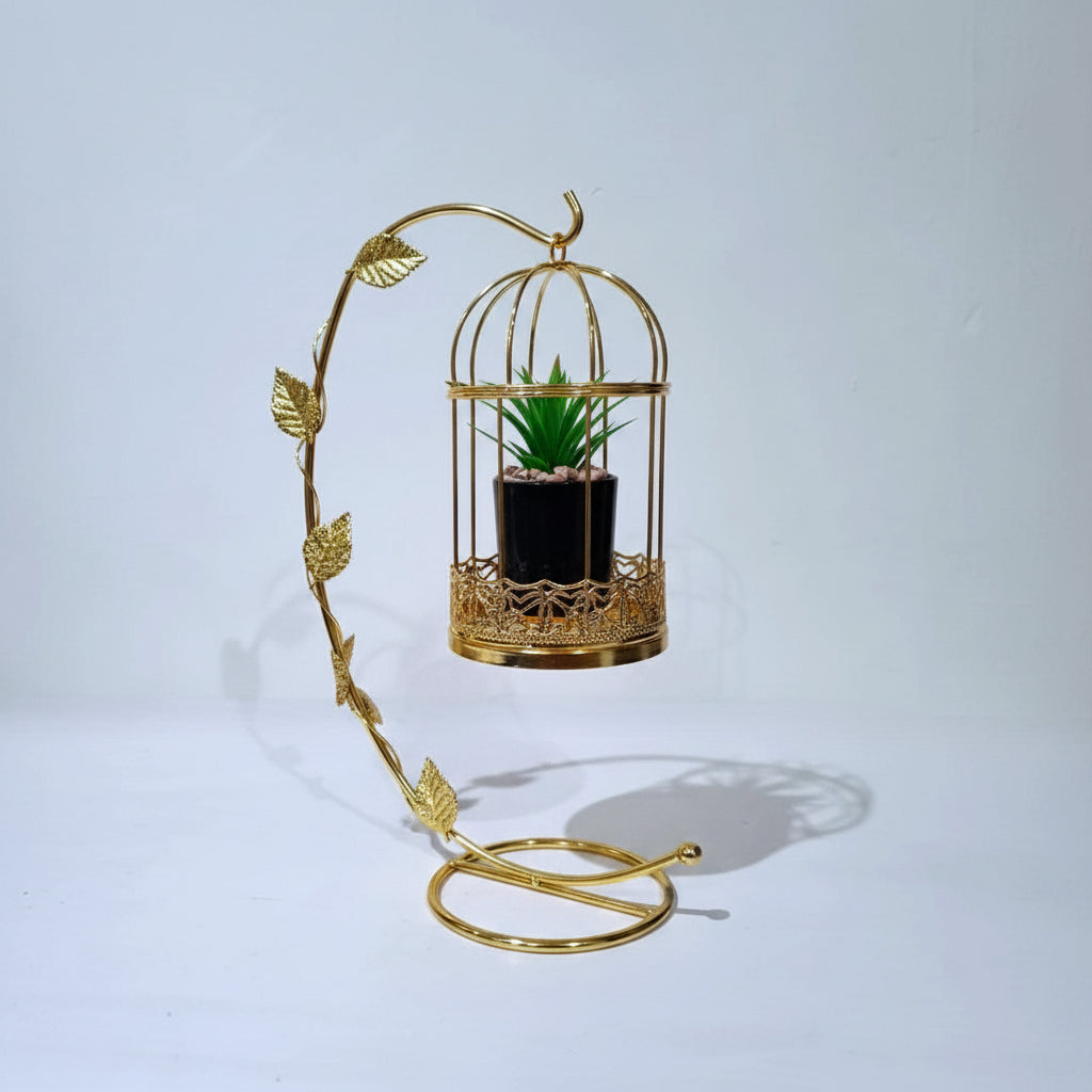 Golden Metallic Cage with Plant Pot inside, hanged on Golden Arc Shaped Stand