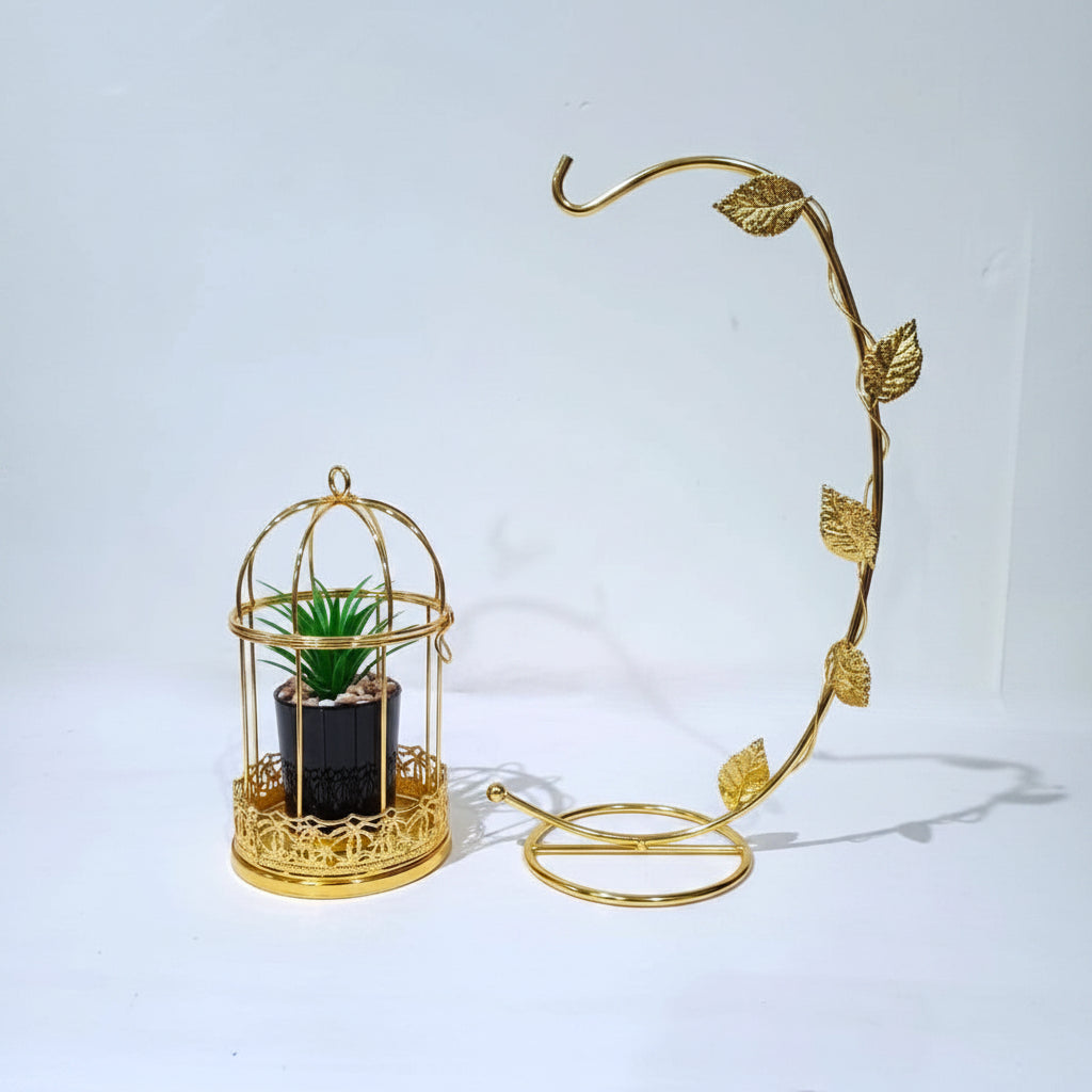 Golden Metallic Cage with Plant Pot inside, hanged on Golden Arc Shaped Stand