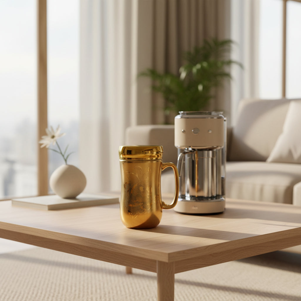 Fancy Airtight Golden Printed Ceramic Mug with Mirror Lid
