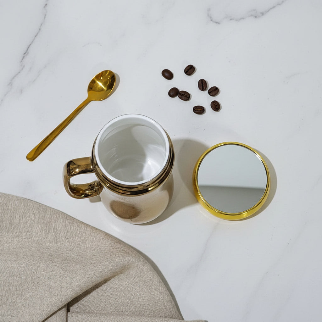 Fancy Airtight Golden Printed Ceramic Mug with Mirror Lid