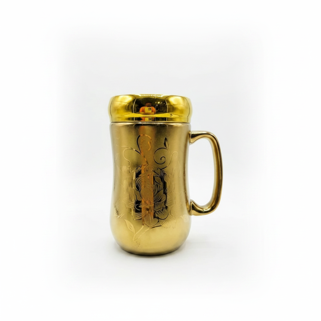 Fancy Airtight Golden Printed Ceramic Mug with Mirror Lid