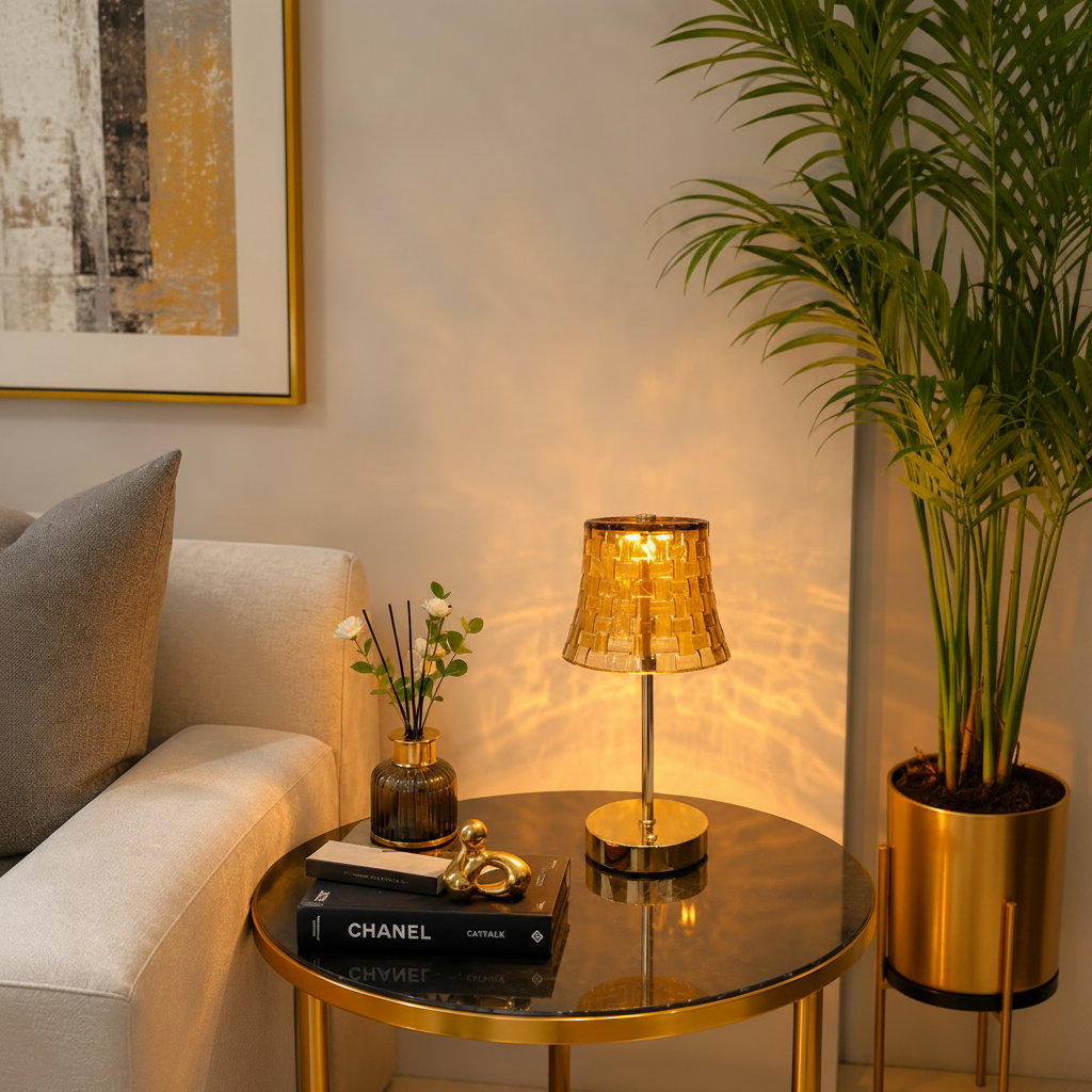 Golden LED Crystal Lamp – 3 Light Colours, Portable, Rechargeable, Touch Sensor