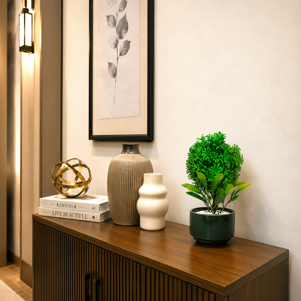Green Ceramic Pot with Artificial Lush Green Ball shaped Tree