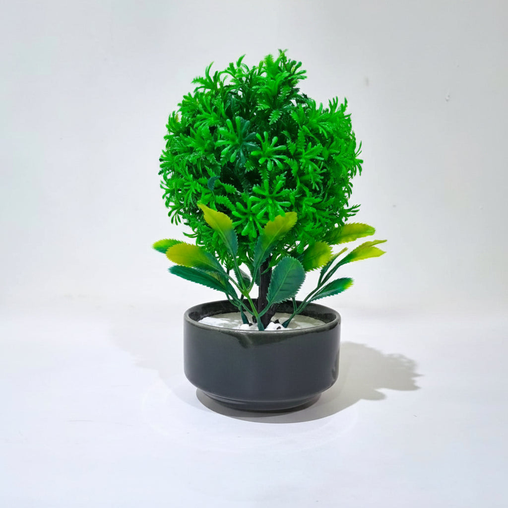 Green Ceramic Pot with Artificial Lush Green Ball shaped Tree