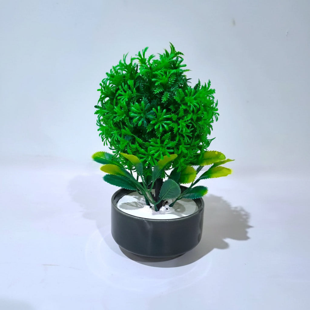 Green Ceramic Pot with Artificial Lush Green Ball shaped Tree