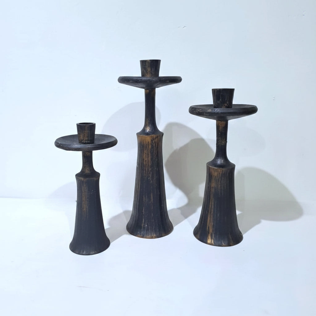 3-Pcs Antique Golden-Black Resin Candle Stands (without Candles)