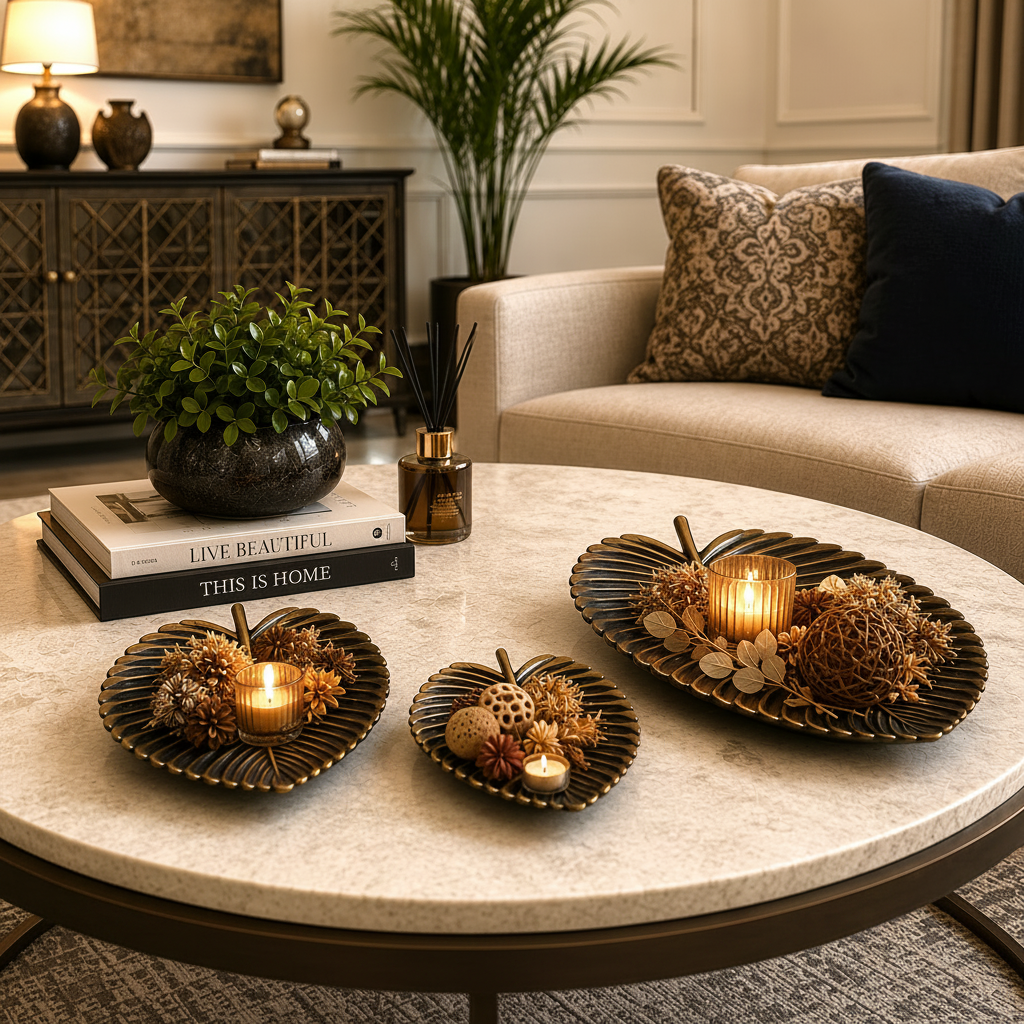 3-Pcs Set of Antique Golden-Black Resin Leaf shaped Décor Trays