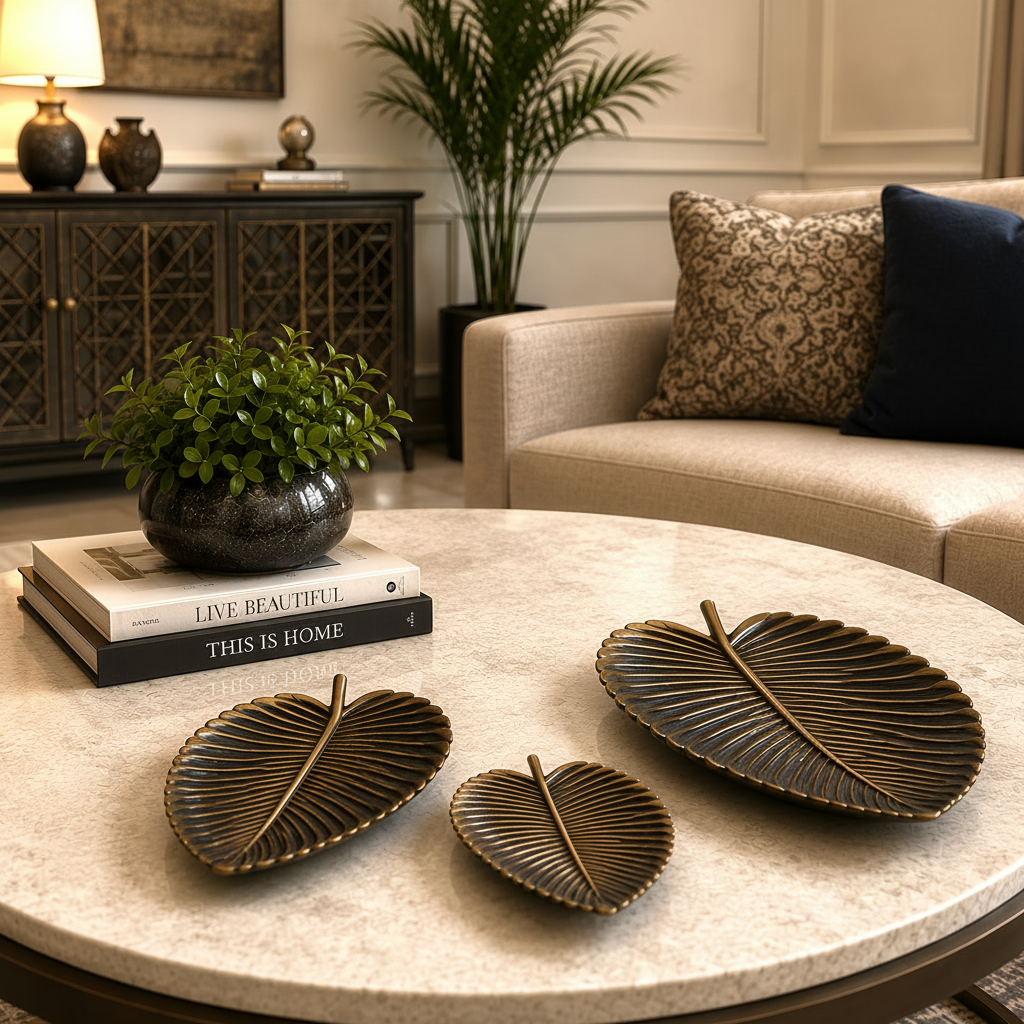 3-Pcs Set of Antique Golden-Black Resin Leaf shaped Décor Trays