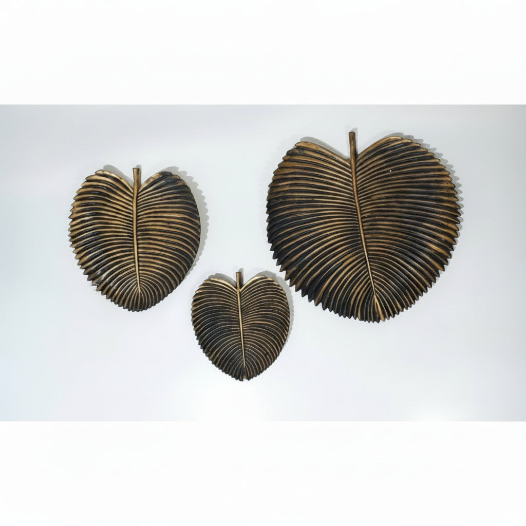 3-Pcs Set of Antique Golden-Black Resin Leaf shaped Décor Trays