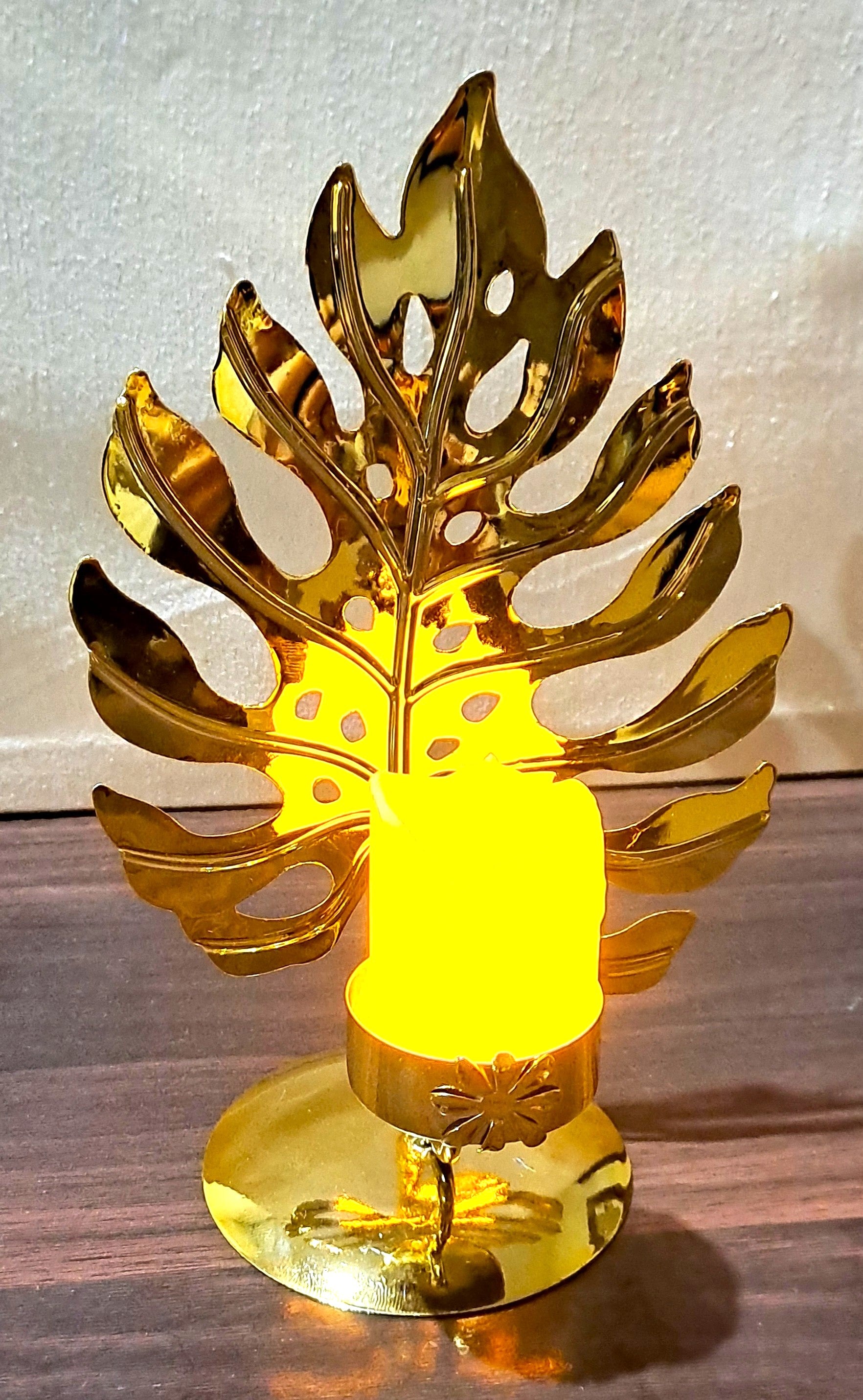 Golden Metallic Leaf Candle Stand with Flameless Candle