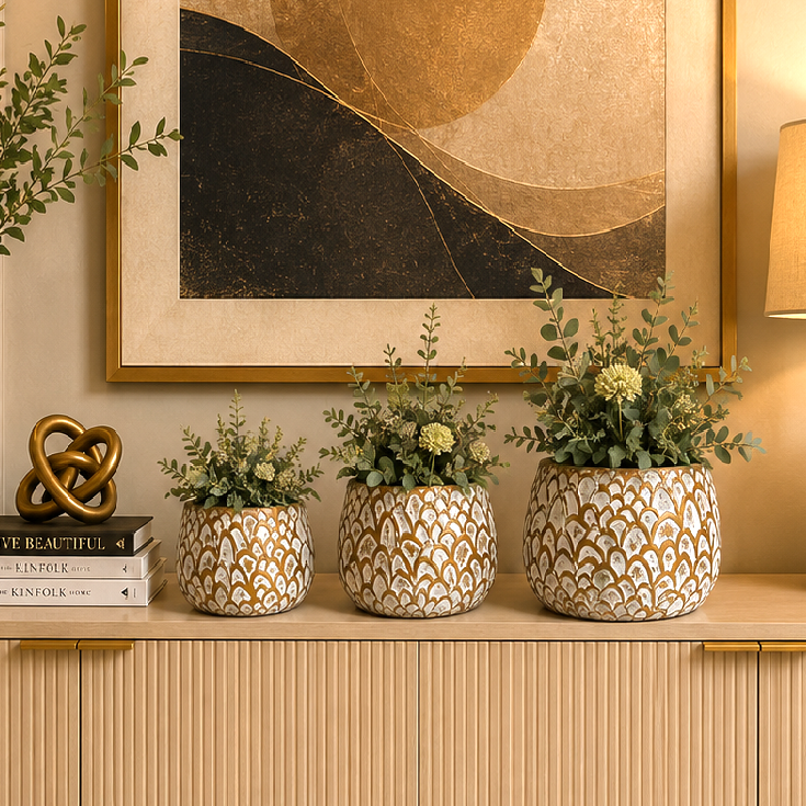 3-Pcs Set of Antique Golden-White Embossed Resin Planters