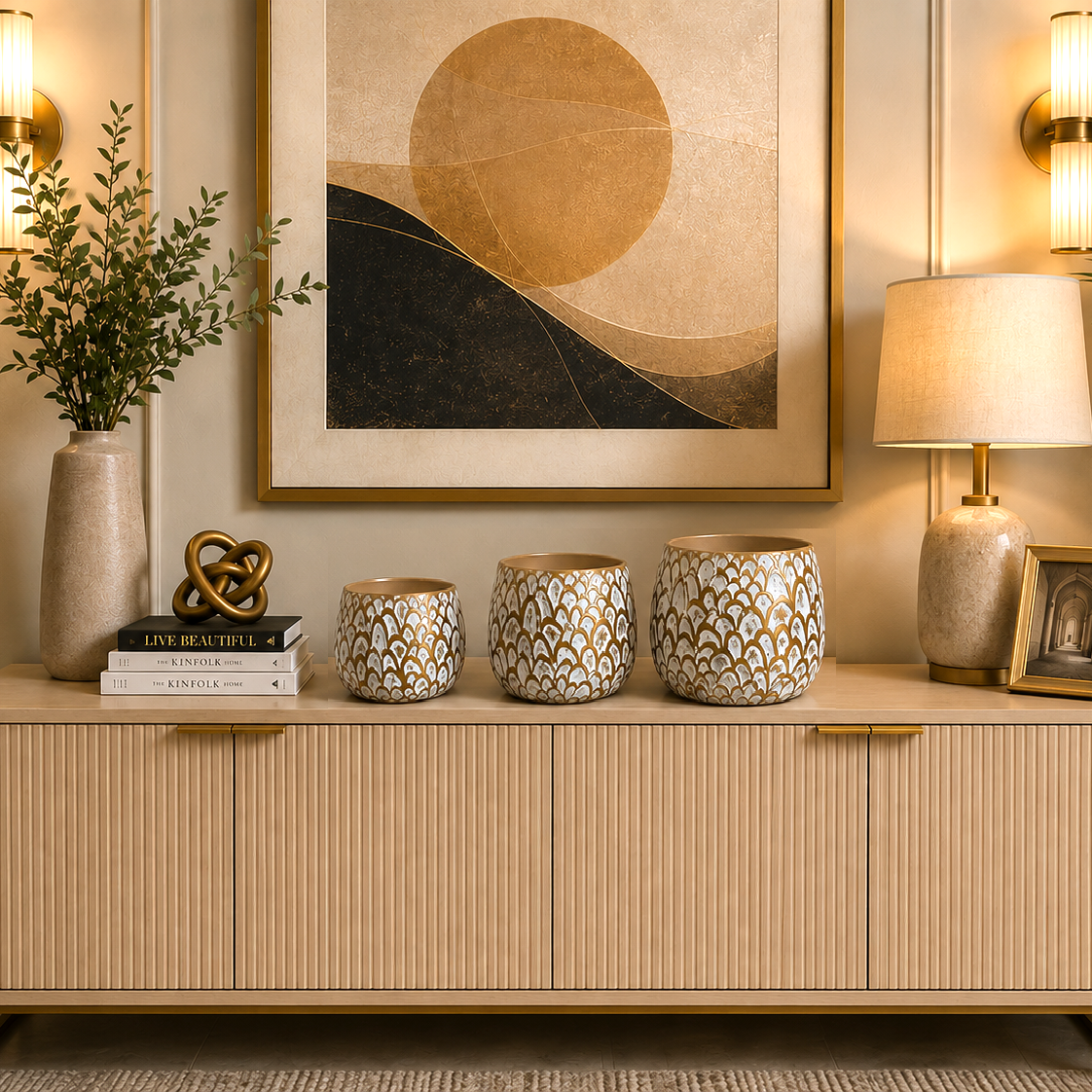 3-Pcs Set of Antique Golden-White Embossed Resin Planters