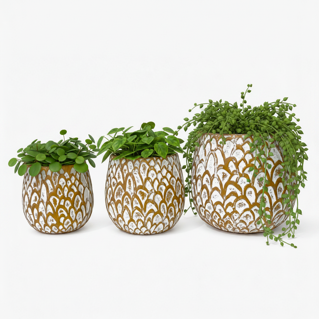 3-Pcs Set of Antique Golden-White Embossed Resin Planters