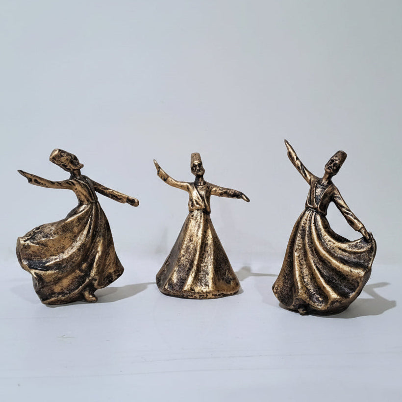 3-Pcs Set of Antique Golden-Black Resin Statues of Dancing Sufis