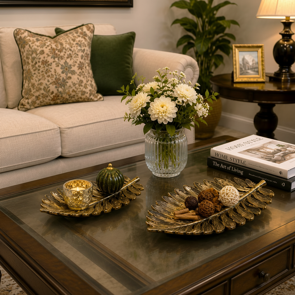 2-Pcs Set of Antique Golden-Black Resin Leaf shaped Décor Trays