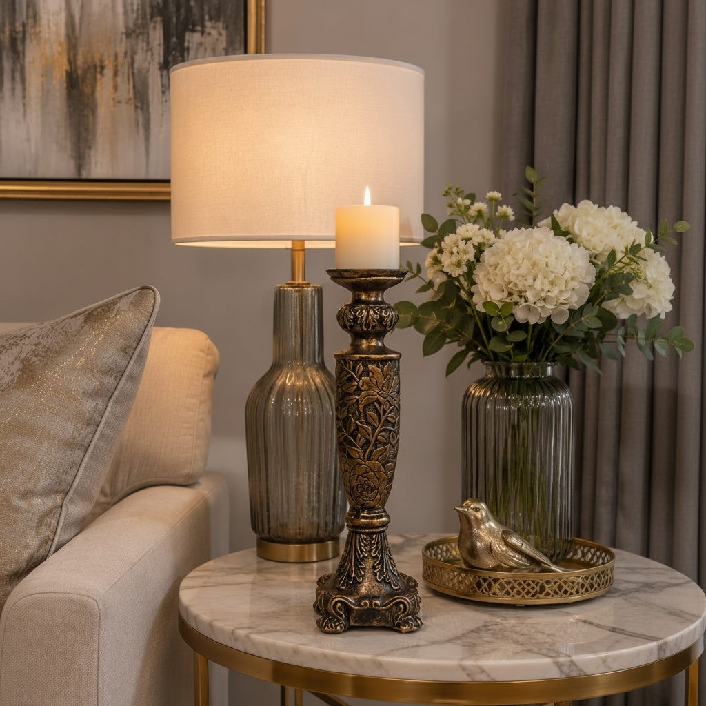 Antique Golden-Black Embossed Resin Candle Stand (without candle)