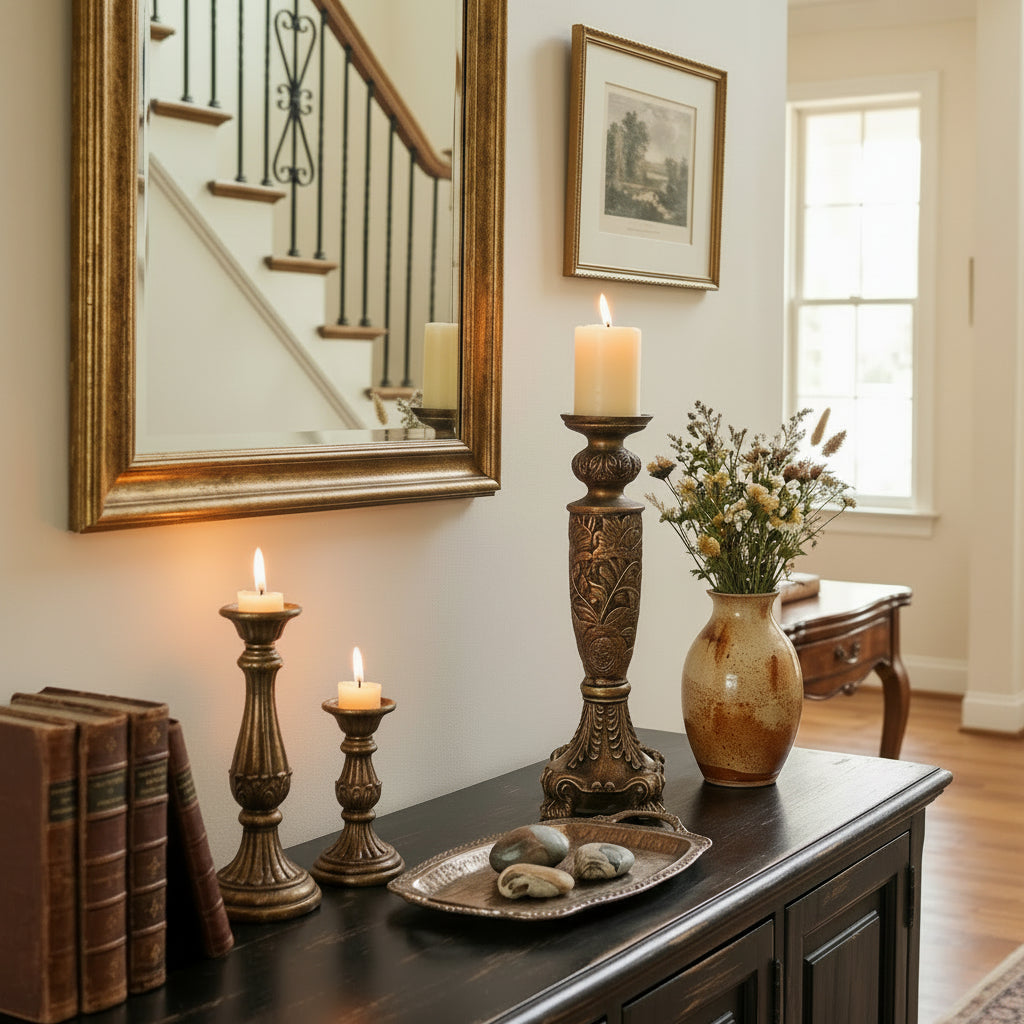 Antique Golden-Black Embossed Resin Candle Stand (without candle)