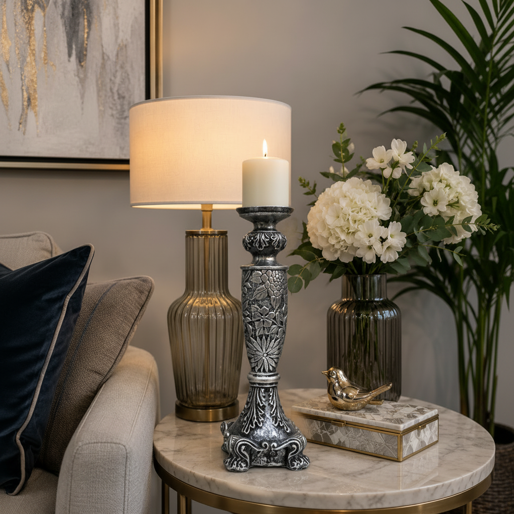 Antique Silver-Black Embossed Resin Candle Stand (without candle)