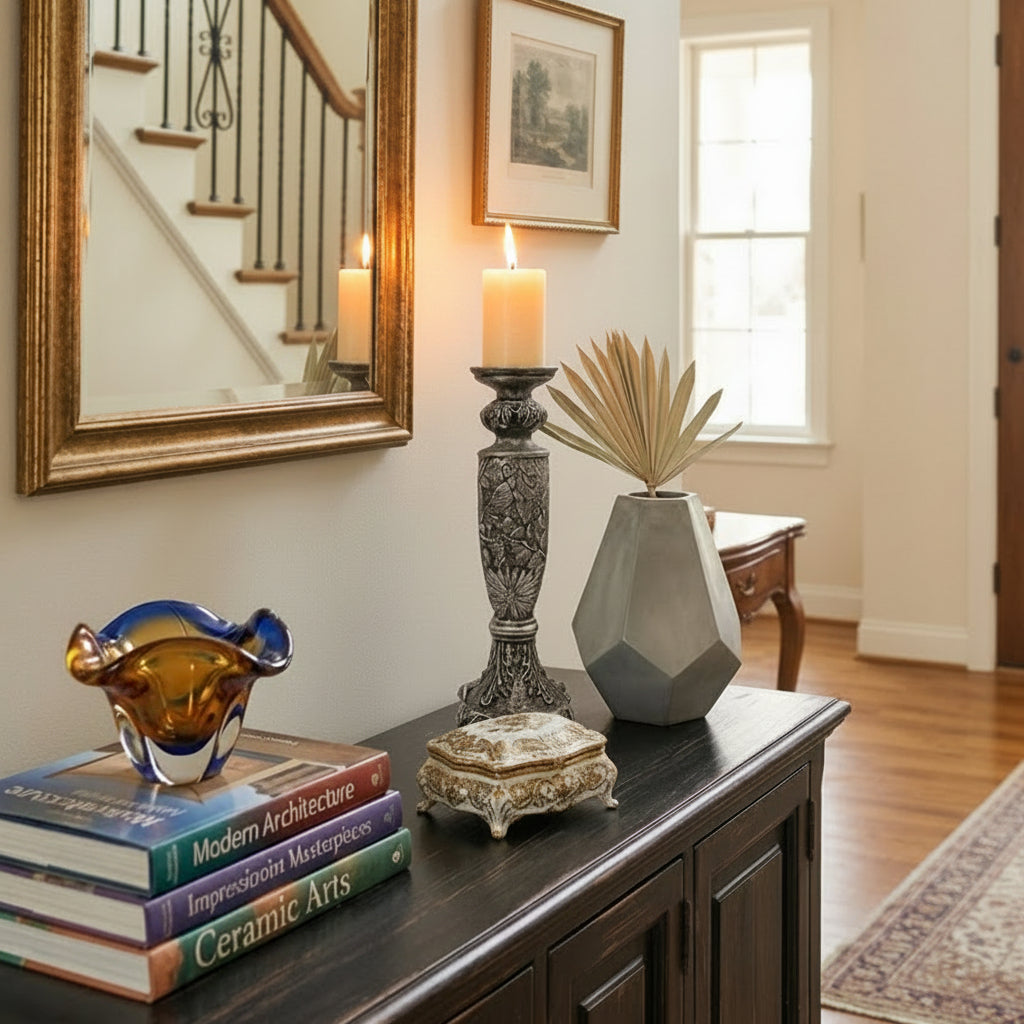 Antique Silver-Black Embossed Resin Candle Stand (without candle)