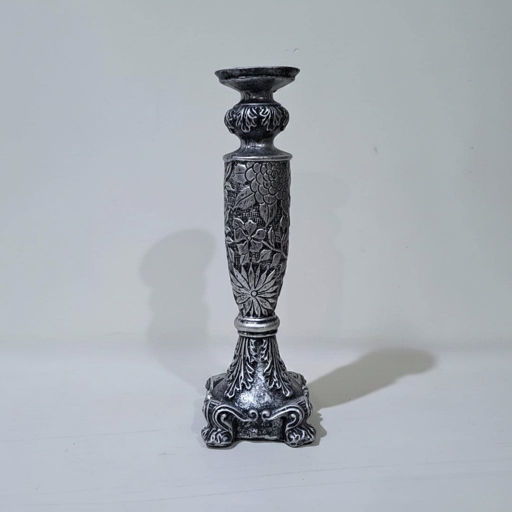 Antique Silver-Black Embossed Resin Candle Stand (without candle)
