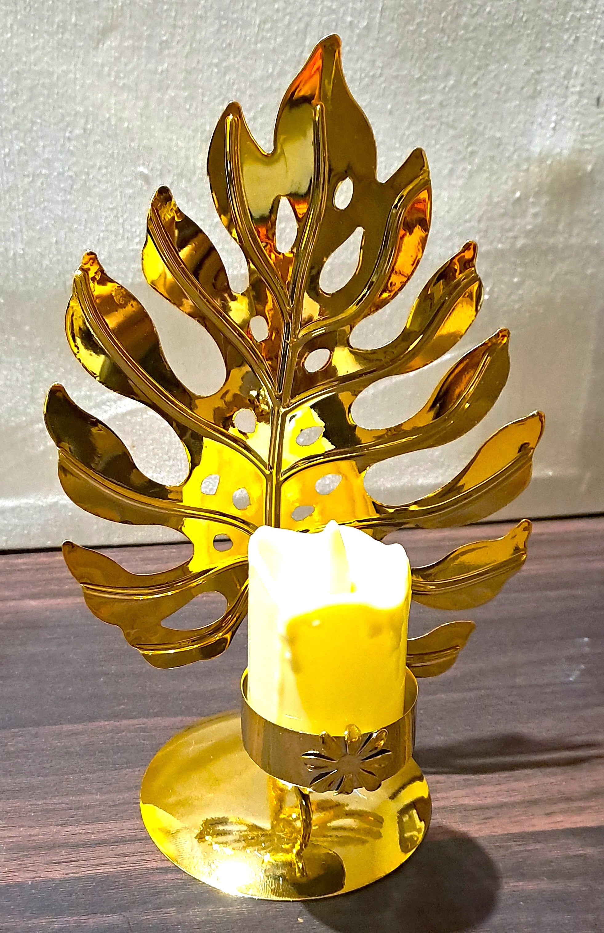 Golden Metallic Leaf Candle Stand with Flameless Candle