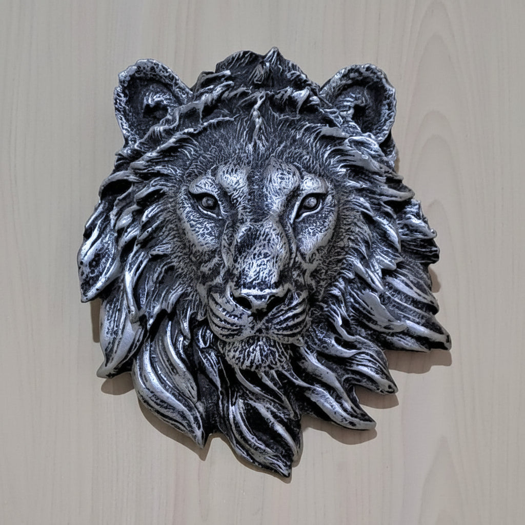 Antique Silver-Black Resin Statue of Lion’s Face