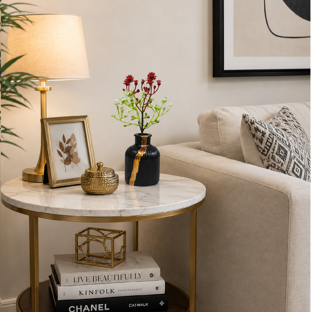 Gold Painted Ribbed Black Vase with artificial Flowers