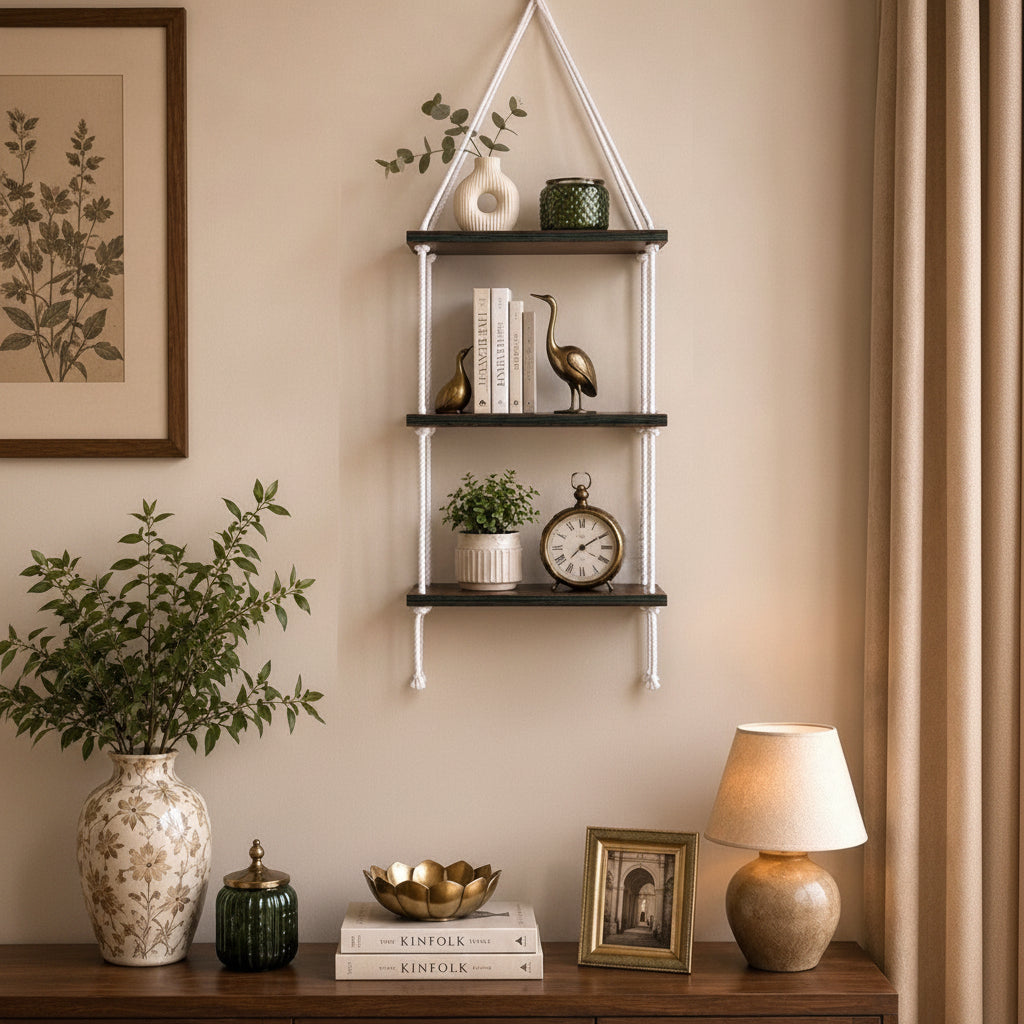3-Tier Brown Wooden Floating Wall Hanging with White Rope (without décor items)
