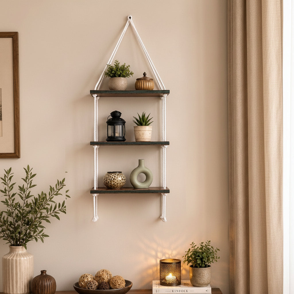3-Tier Brown Wooden Floating Wall Hanging with White Rope (without décor items)