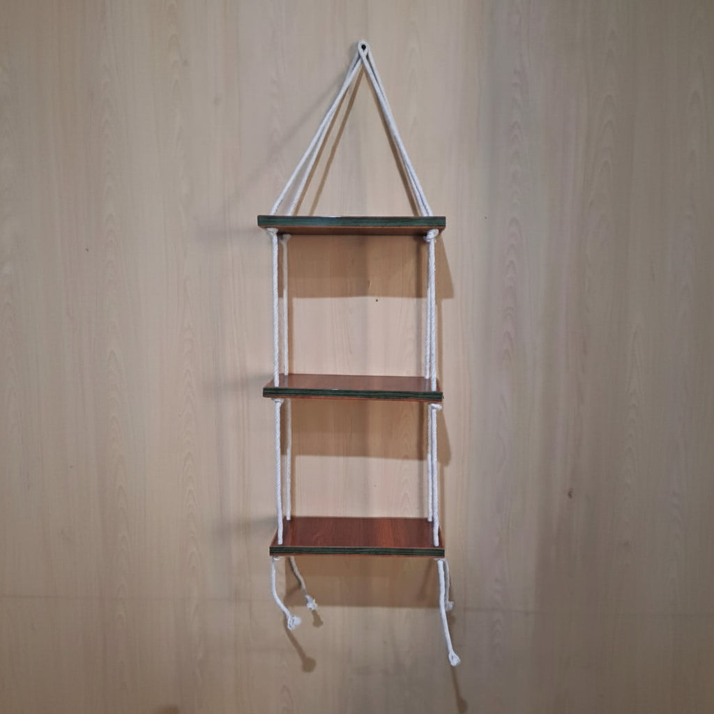 3-Tier Brown Wooden Floating Wall Hanging with White Rope (without décor items)