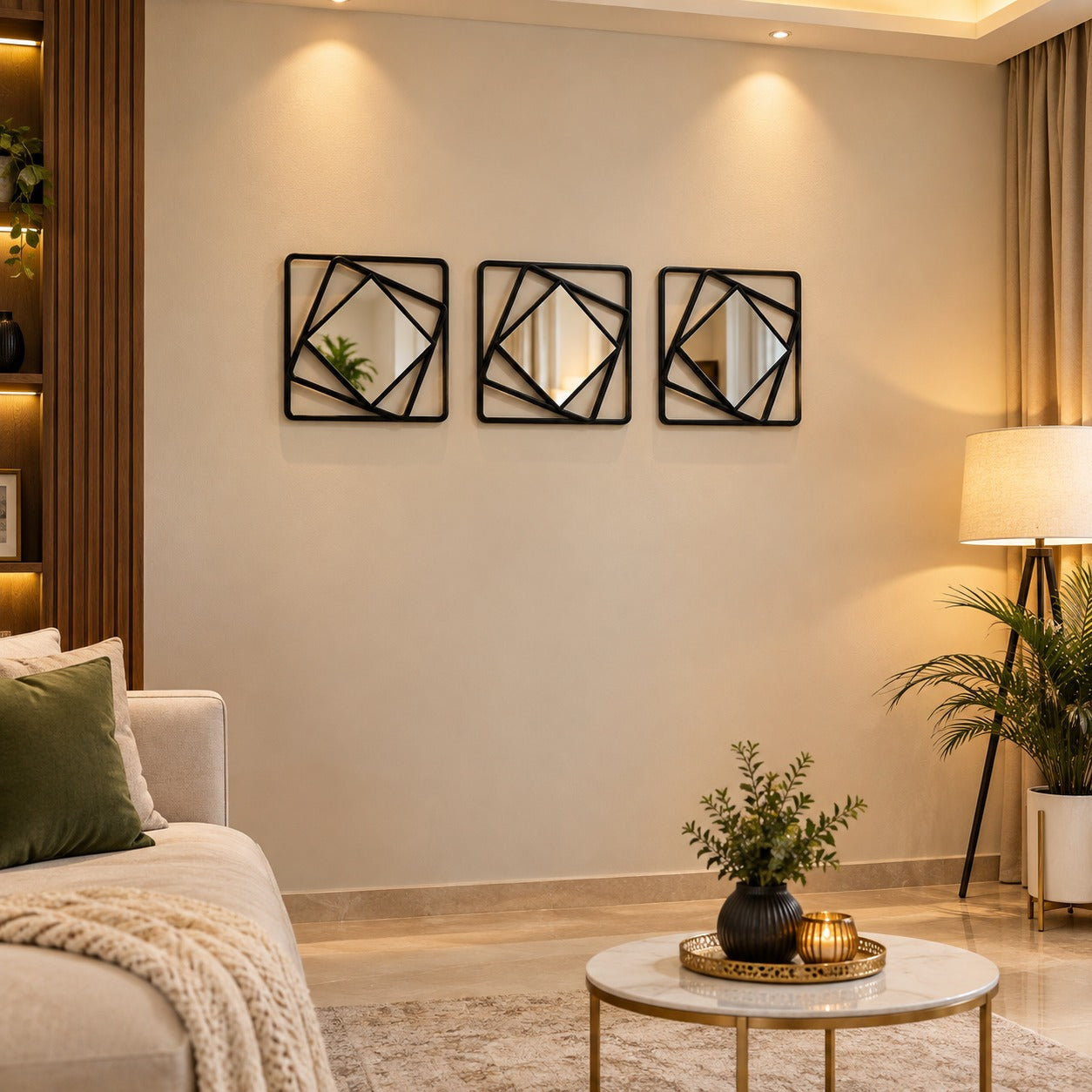 3-PCS Set of Black Geometric wall decor mirror with a layered, rotated square frame design