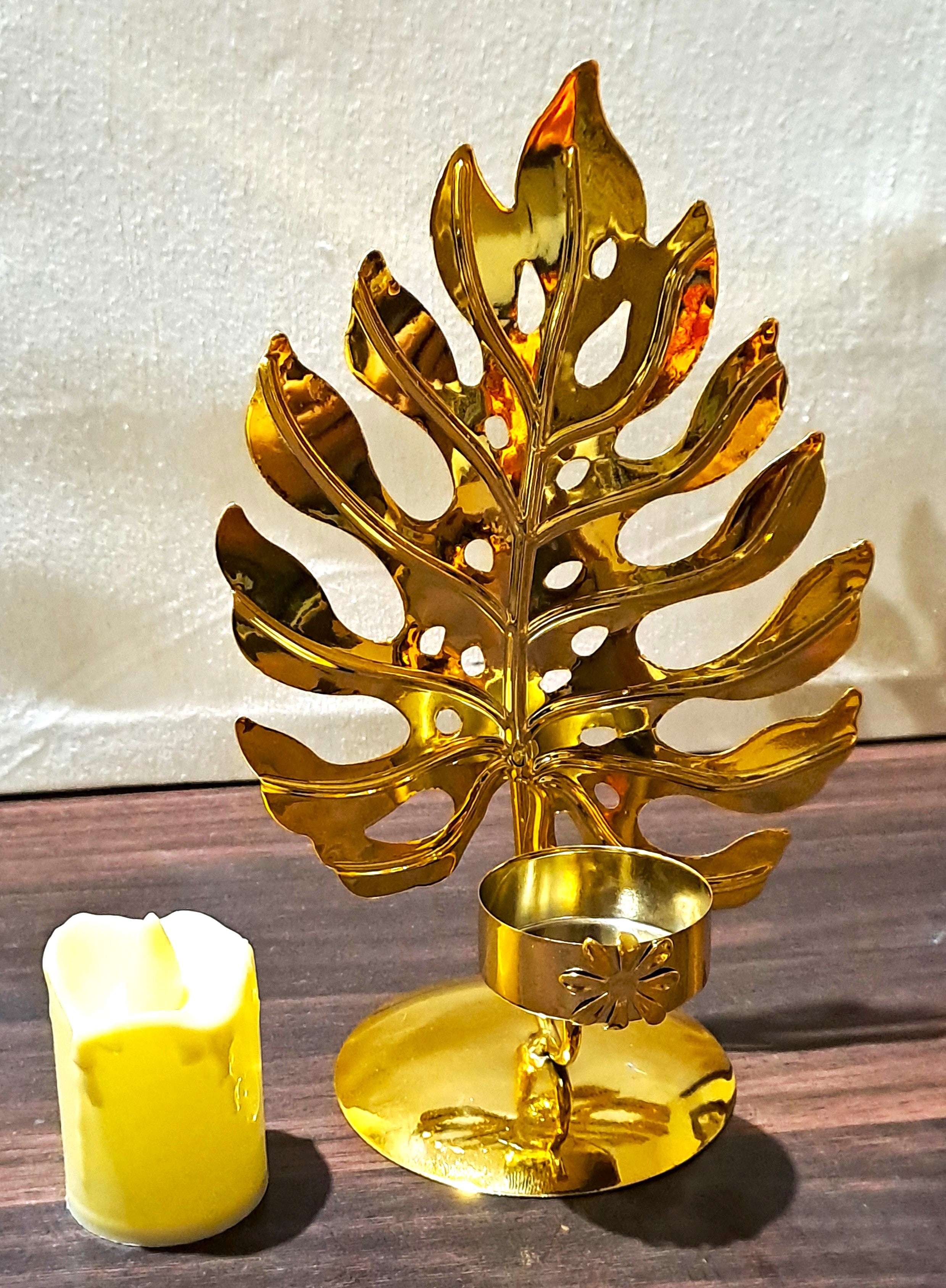 Golden Metallic Leaf Candle Stand with Flameless Candle