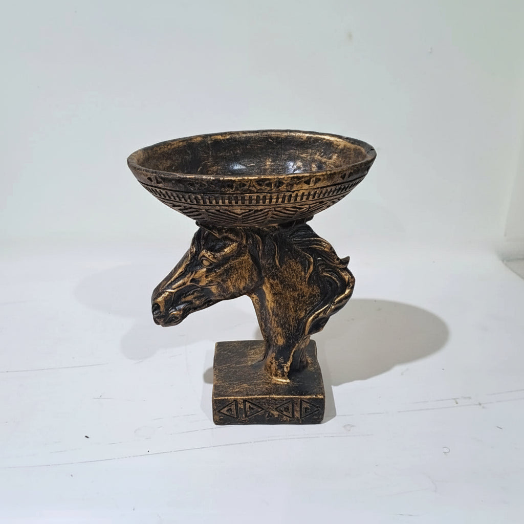 Antique Golden-Black Resing Statue of Horse Face with a trinket dish on top