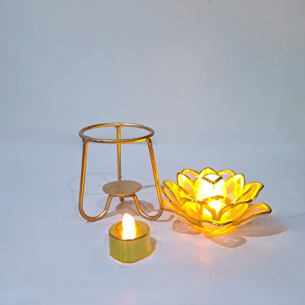 Golden Metallic Stand with 01 Golden LED light at Bottom and 01 Floral LED Light at Top