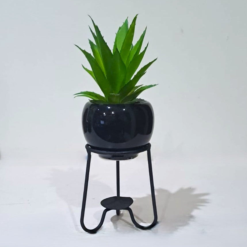 Black Ceramics Pot with artificial Cactus Plant on a Black Metallic Stand