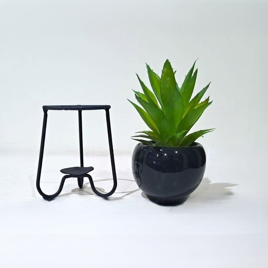 Black Ceramics Pot with artificial Cactus Plant on a Black Metallic Stand